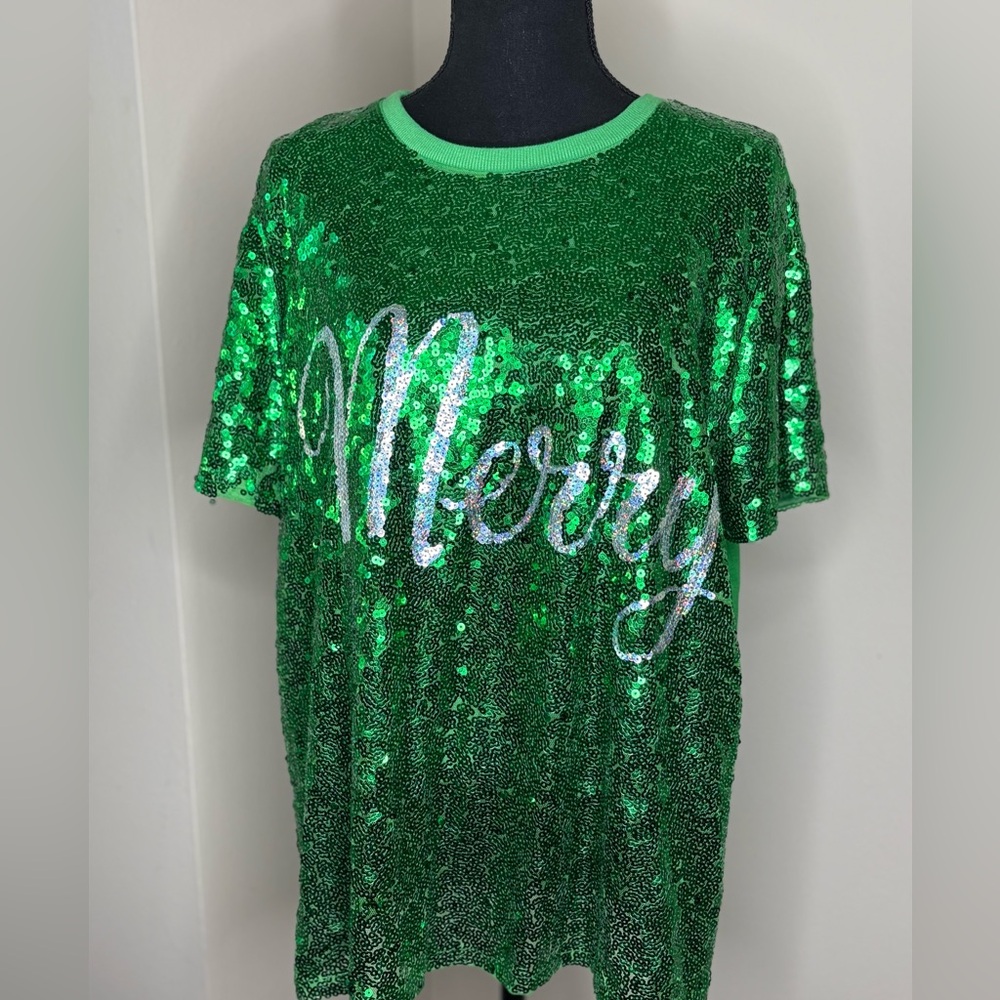 Green Sequin 'Merry' T-Shirt